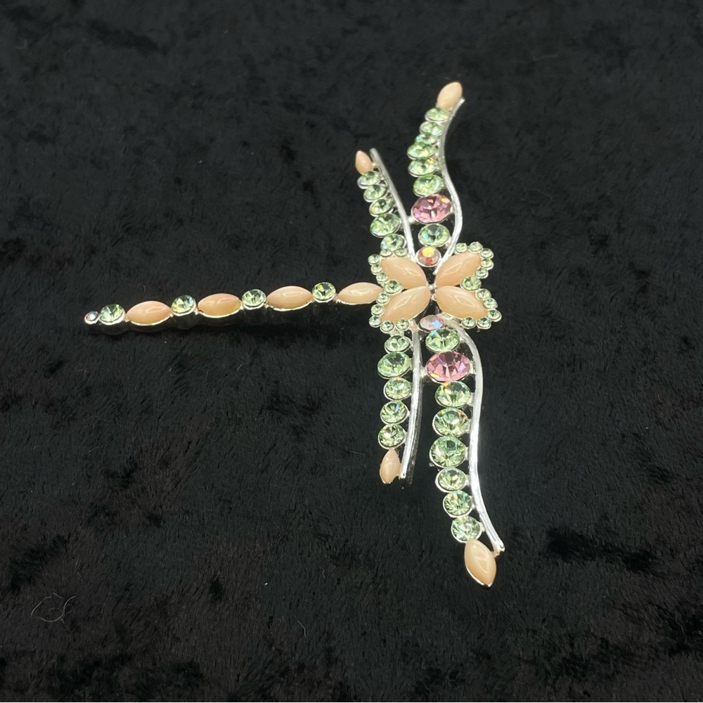 NWT GIVENCHY Dragonfly Pin Brooch Peach Moonstone Silver Tone Green Pink Crystal - Picture 4 of 9